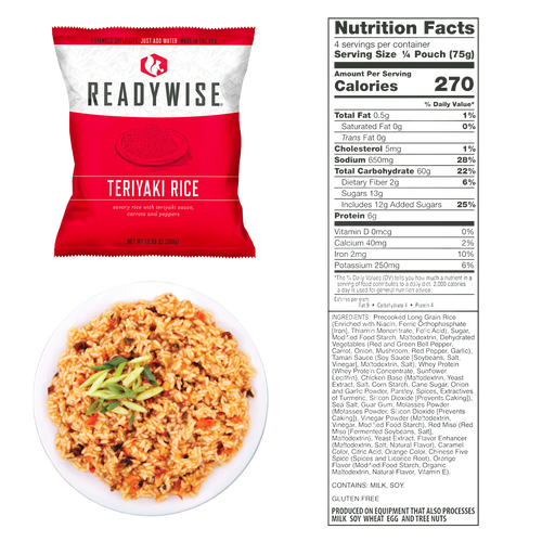 Red and white ReadyWise pouch of teriyaki rice with savory sauce, carrots, and peppers, shown with a prepared bowl of seasoned rice and a clear nutrition facts label, USA made emergency food for pantry and kitchen supplies.