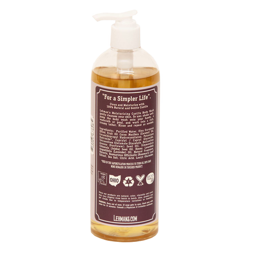 Bottle of handcrafted moisturizing Castile body wash made in USA with natural plant-based oils including olive and jojoba, featured in Health & Wellness and Grooming collections.