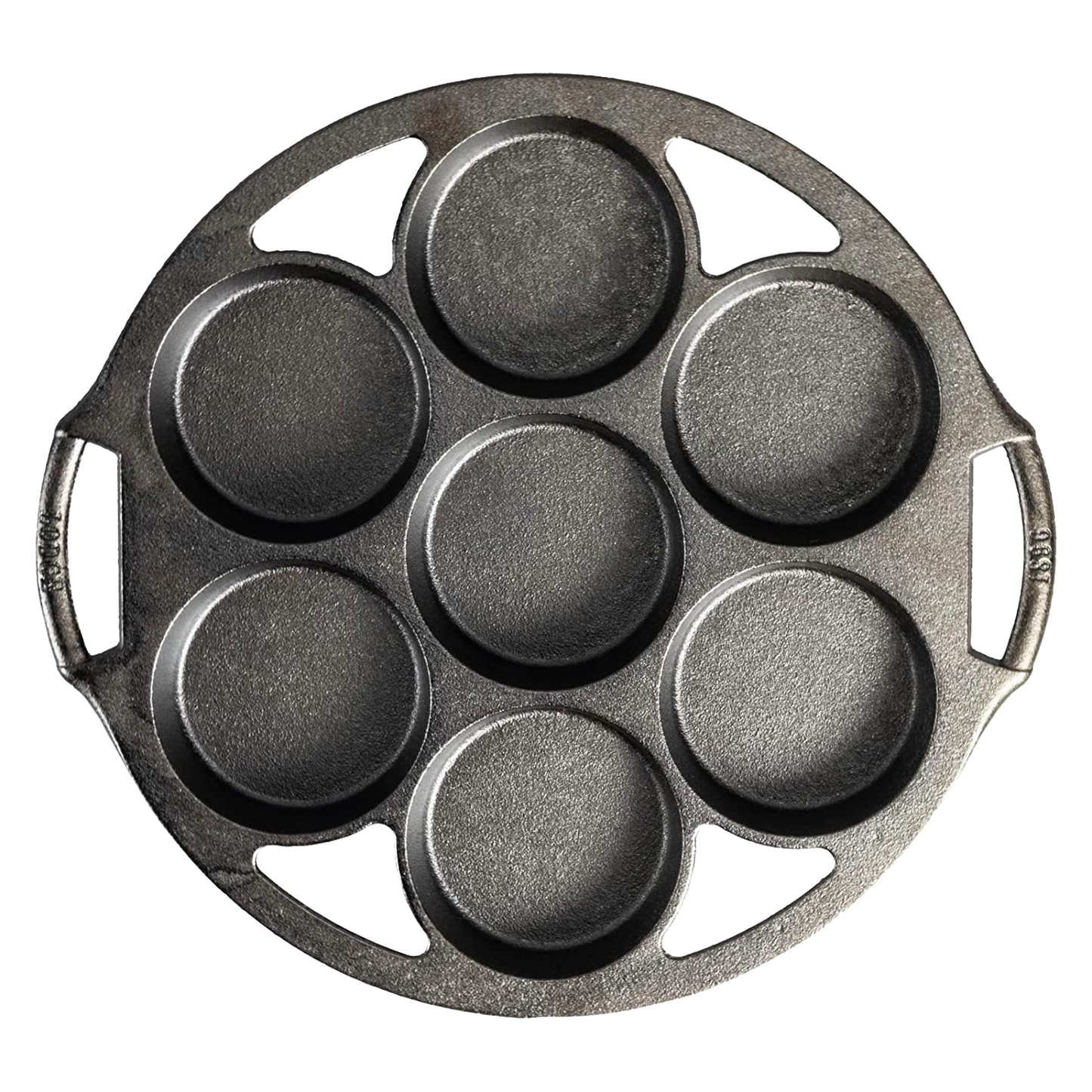 Round cast iron mini cake pan with seven cavities, featuring dual side handles for easy handling, made in USA, ideal for Kitchen & Food, Cast Iron, Baking Supplies, and Best Sellers collections.