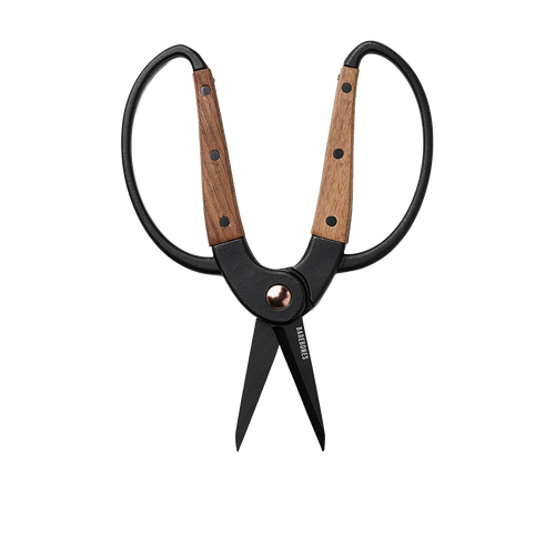 Rust-resistant gardener’s scissors featuring sharp stainless steel blades and wide walnut handles with ambidextrous design, part of Farm, Garden & Tool and Best Sellers collections.