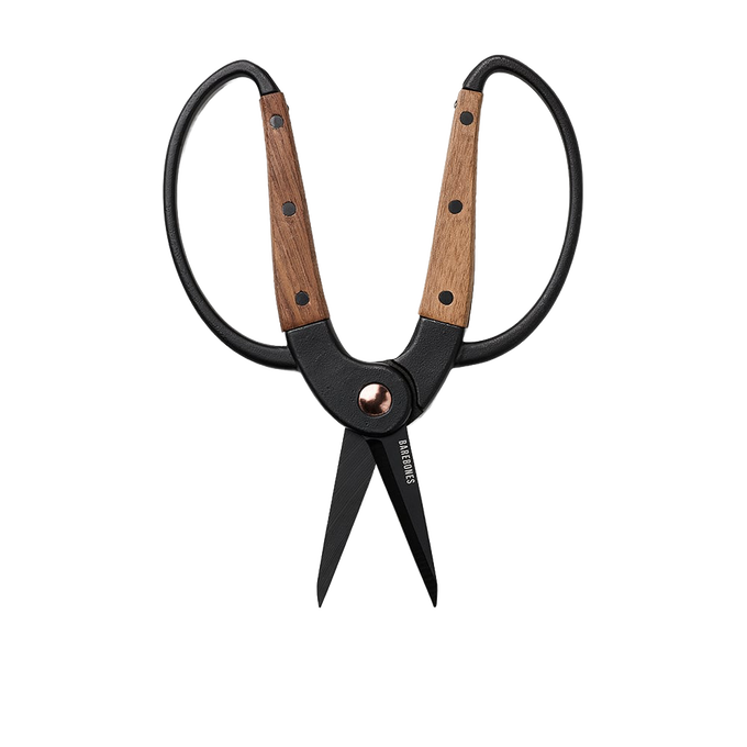 Rust-resistant gardener’s scissors featuring sharp stainless steel blades and wide walnut handles with ambidextrous design, part of Farm, Garden & Tool and Best Sellers collections.