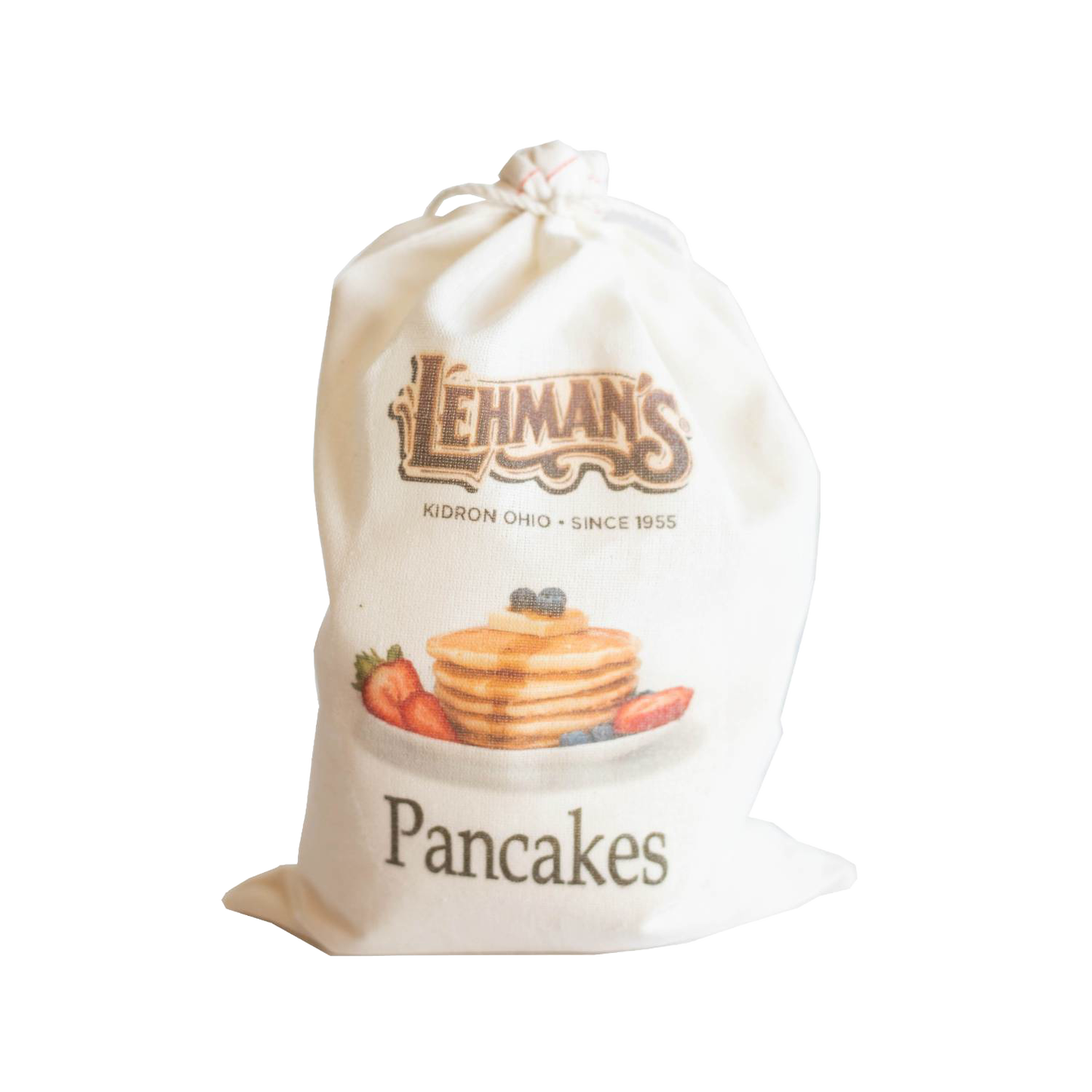 Drawstring cotton bag featuring handcrafted Lehman’s branding and an illustration of a stack of fluffy pancakes with berries, ideal for Kitchen & Food, Pantry, Dry Goods and Mixes, Best Sellers, and Promo Eligible collections.