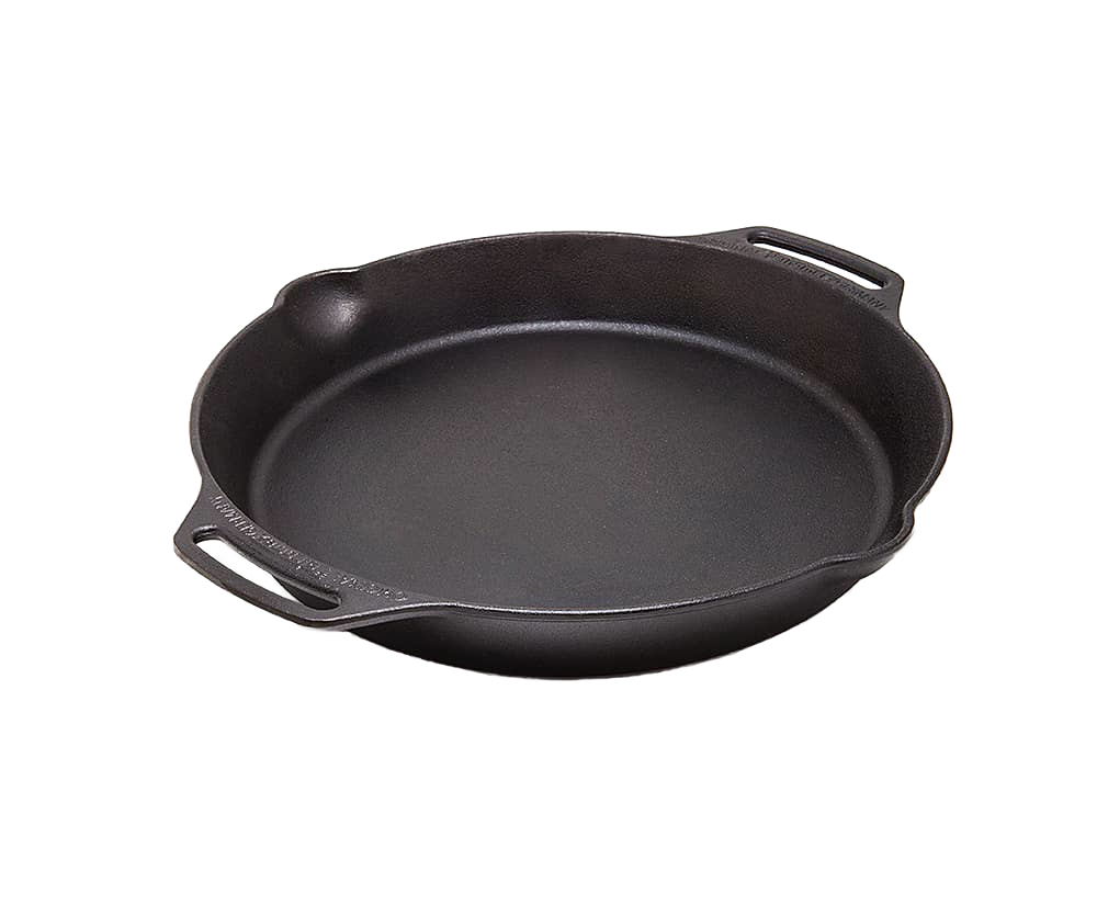 Handcrafted cast iron fire skillet with two side handles and a small pour spout, designed for versatile use in farm, garden, camping, kitchen, and cookware collections.
