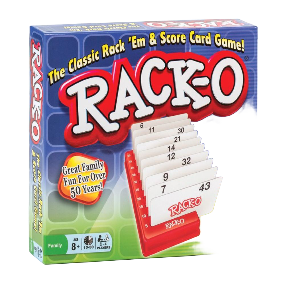 Box of a classic card game featuring a red plastic rack holding numbered cards in sequence, ideal for 2-4 players ages 8 and up, part of Toys, Books & Games and Best Sellers collections.