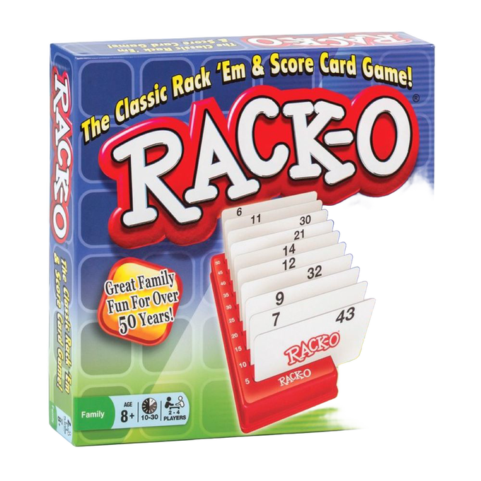 Box of a classic card game featuring a red plastic rack holding numbered cards in sequence, ideal for 2-4 players ages 8 and up, part of Toys, Books & Games and Best Sellers collections.