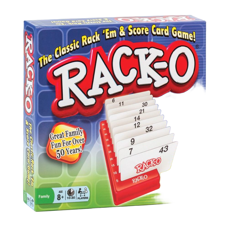Box of a classic card game featuring a red plastic rack holding numbered cards in sequence, ideal for 2-4 players ages 8 and up, part of Toys, Books & Games and Best Sellers collections.