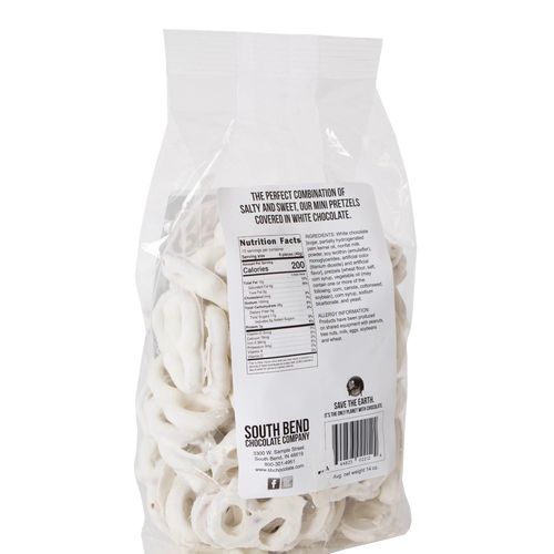 Clear resealable bag filled with handcrafted mini pretzels coated in creamy white chocolate, made in USA, a sweet and salty snack perfect for Kitchen & Food, Snacks and Sweets, Candy, USA Made, Best Sellers, and Promo Eligible collections.