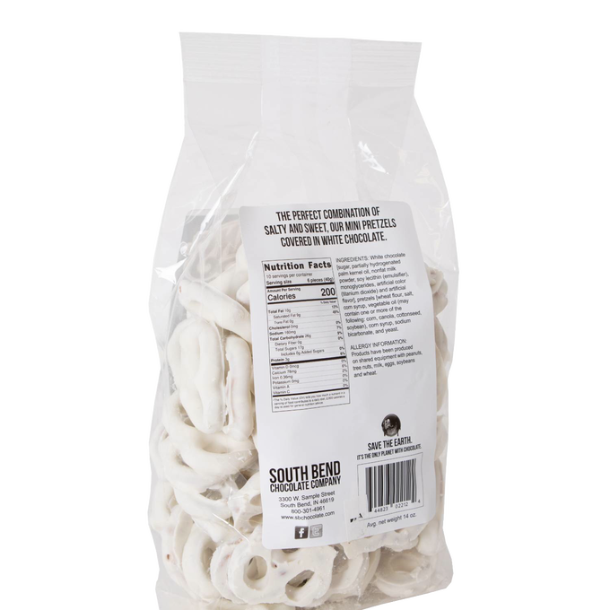 Clear resealable bag filled with handcrafted mini pretzels coated in creamy white chocolate, made in USA, a sweet and salty snack perfect for Kitchen & Food, Snacks and Sweets, Candy, USA Made, Best Sellers, and Promo Eligible collections.