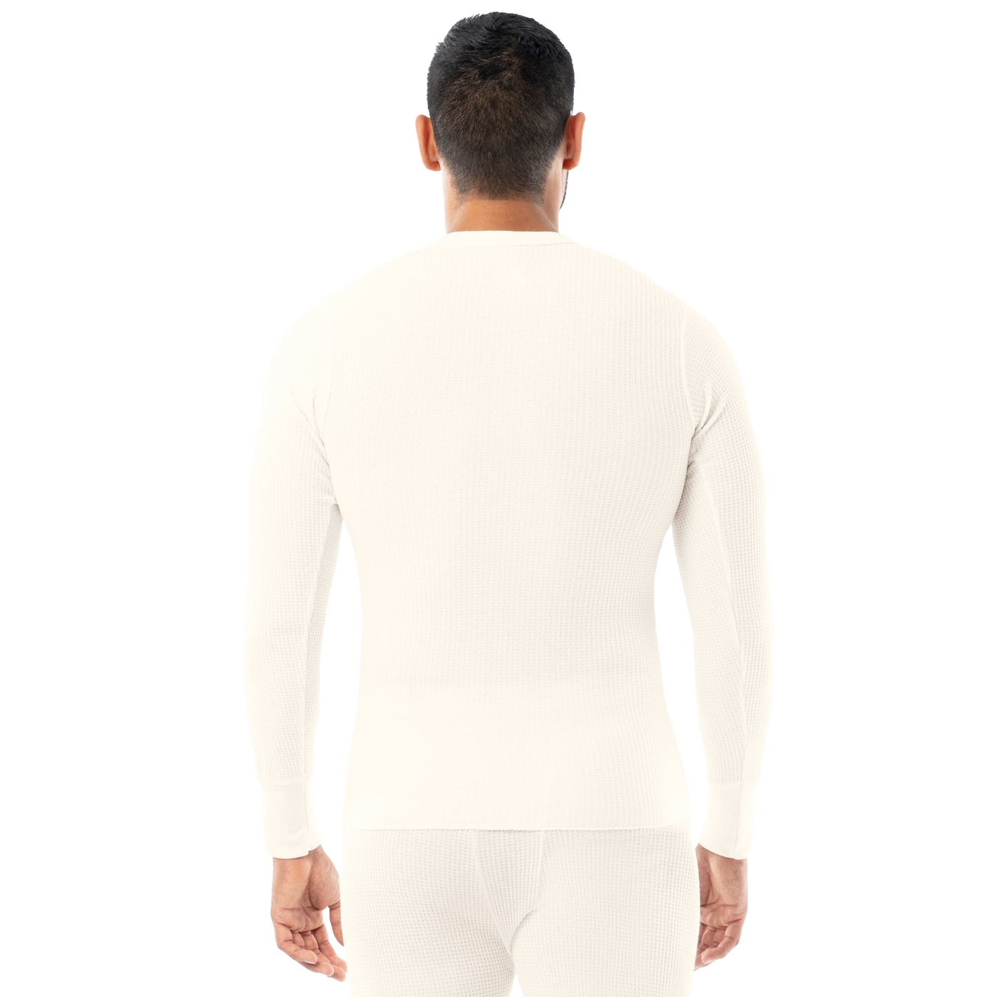 Man wearing a cream-colored, handcrafted traditional long johns shirt made with circular waffle knit fabric, designed for warmth in cold temperatures, ideal for Health & Wellness, Clothing and Accessories, and Best Sellers collections.