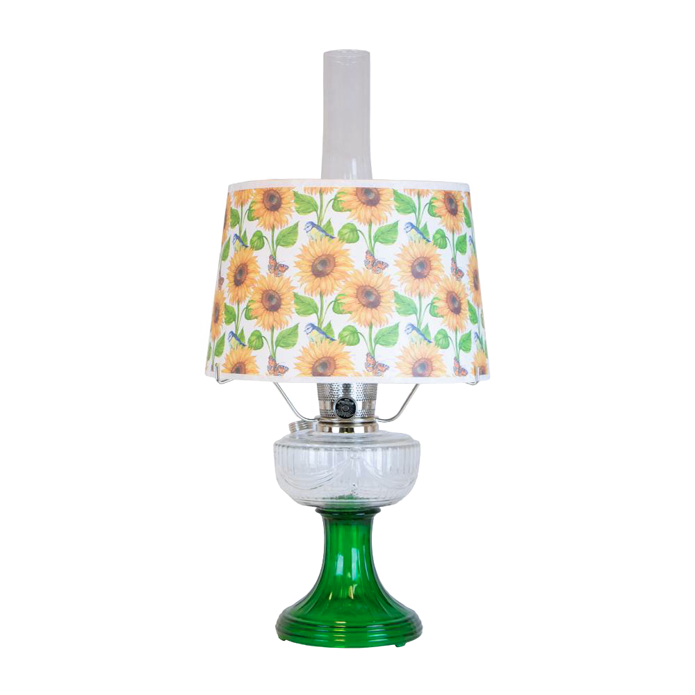 Handcrafted oil lamp featuring an Ohio-made emerald glass base with a Dennis Lipp shatterproof sunflower-patterned shade, ideal for Farm, Garden & Tool, Lamps & Lighting, and Emergency Supplies collections.
