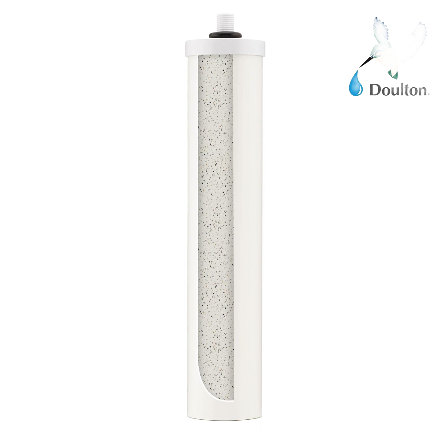 Slim white water filter element with granular interior designed to reduce limescale build-up, ideal for use in Appliances, Water Heating and Treatment, Best Sellers, and Promo Eligible collections.