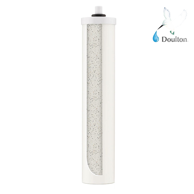 Slim white water filter element with granular interior designed to reduce limescale build-up, ideal for use in Appliances, Water Heating and Treatment, Best Sellers, and Promo Eligible collections.