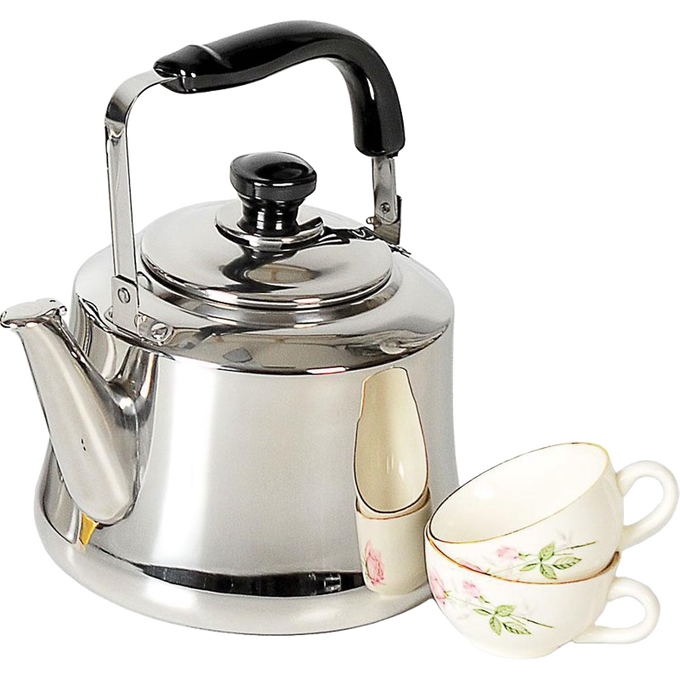 Polished stainless steel kettle with a large spout and black handle, paired with two floral porcelain teacups, ideal for Kitchen & Food and Brewing Coffee and Tea collections.