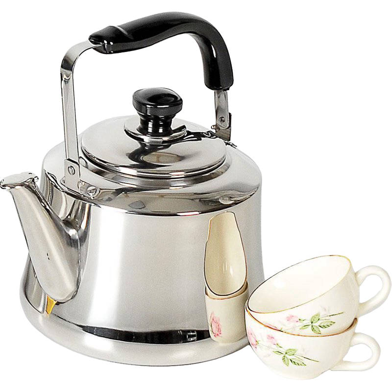 Polished stainless steel kettle with a large spout and black handle, paired with two floral porcelain teacups, ideal for Kitchen & Food and Brewing Coffee and Tea collections.