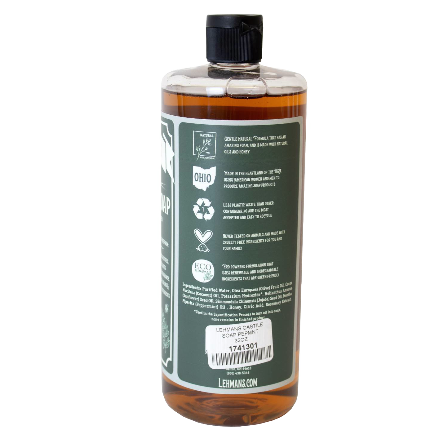 Amber plastic bottle of Lehman's handcrafted castile soap in peppermint scent with eco-friendly and cruelty-free icons, highlighting USA made natural soap for Health & Wellness and Grooming collections.
