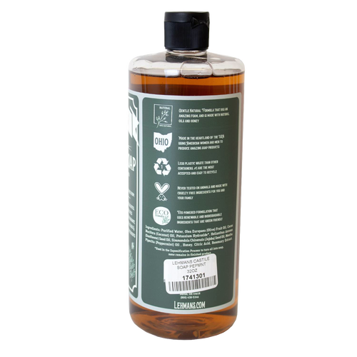Amber plastic bottle of Lehman's handcrafted castile soap in peppermint scent with eco-friendly and cruelty-free icons, highlighting USA made natural soap for Health & Wellness and Grooming collections.