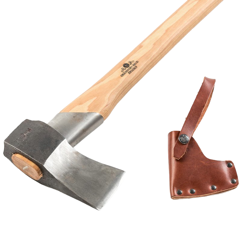Hand-forged splitting axe with a smooth wooden handle and durable steel head, accompanied by a brown leather sheath, featured in Farm, Garden & Tool, Knives & Axes, Axes, Wood Cutting and Hauling, Best Sellers, and Promo Eligible collections.