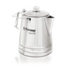 Polished stainless steel percolator with clear glass lid and foldable handle, designed for gentle coffee and tea brewing, suitable for Kitchen & Food, Camping, and Best Sellers collections.