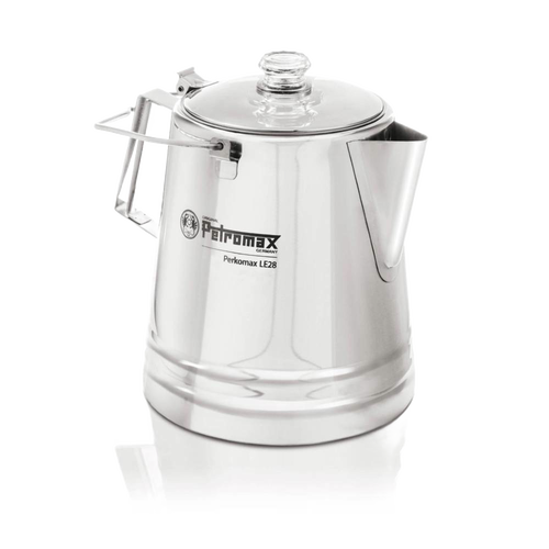 Polished stainless steel percolator with clear glass lid and foldable handle, designed for gentle coffee and tea brewing, suitable for Kitchen & Food, Camping, and Best Sellers collections.
