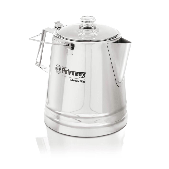 Polished stainless steel percolator with clear glass lid and foldable handle, designed for gentle coffee and tea brewing, suitable for Kitchen & Food, Camping, and Best Sellers collections.