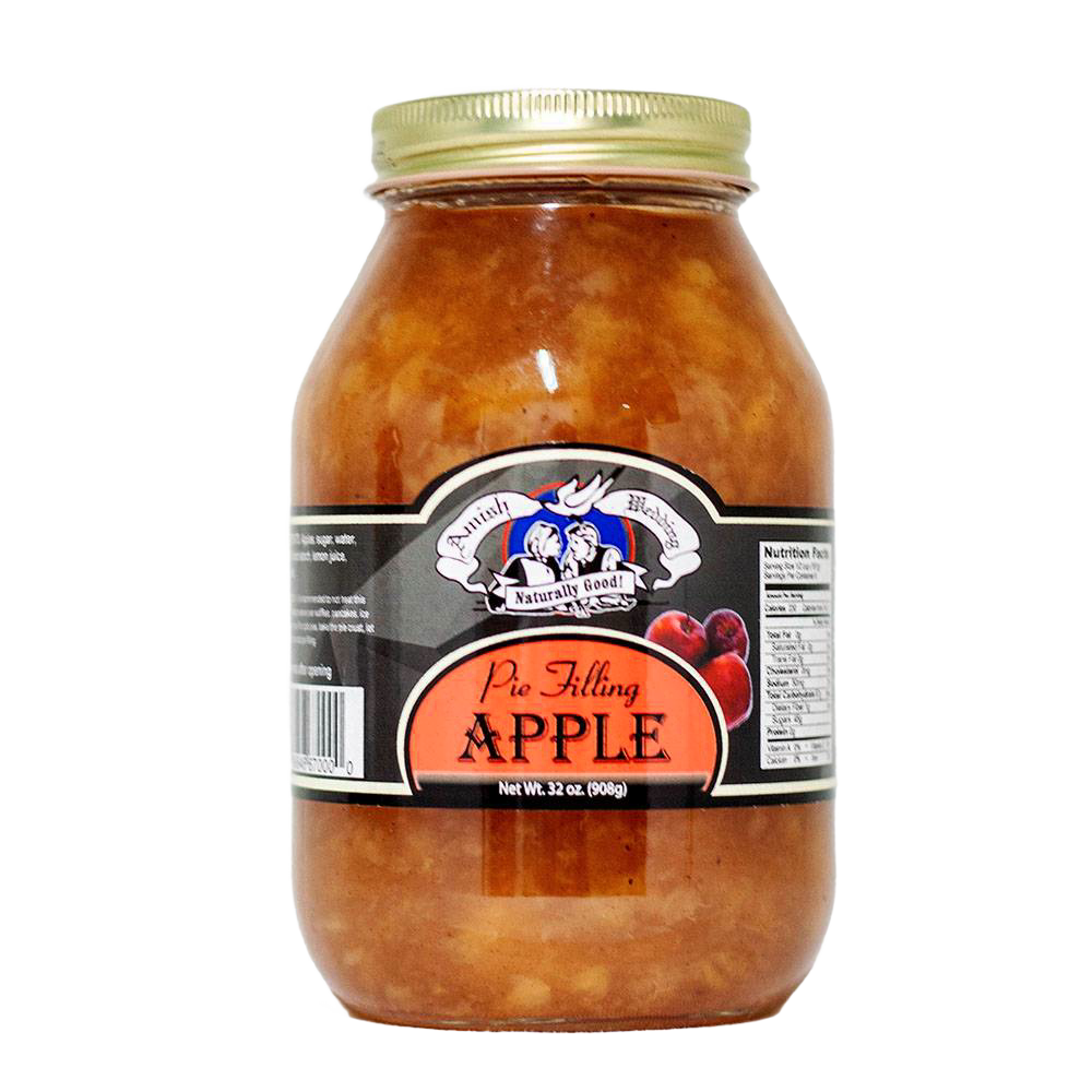 Glass jar of handcrafted Amish apple pie filling made in USA, naturally prepared without corn syrup or artificial coloring, part of kitchen, pantry, and best sellers collections.