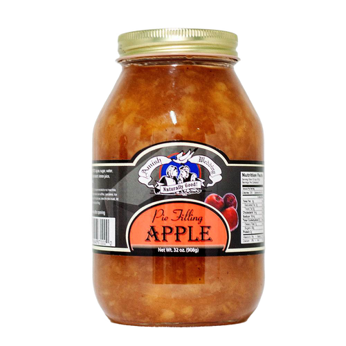 Glass jar of handcrafted Amish apple pie filling made in USA, naturally prepared without corn syrup or artificial coloring, part of kitchen, pantry, and best sellers collections.