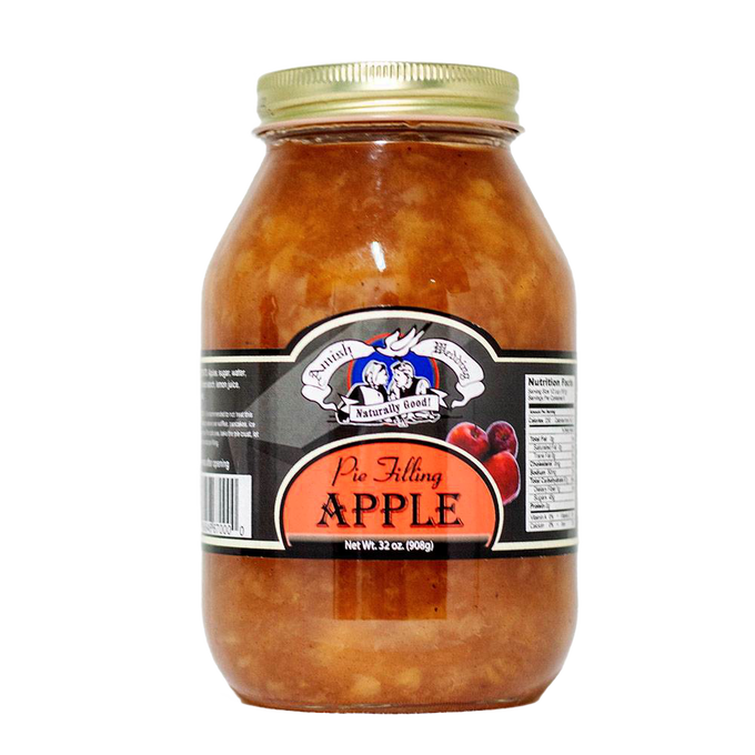 Glass jar of handcrafted Amish apple pie filling made in USA, naturally prepared without corn syrup or artificial coloring, part of kitchen, pantry, and best sellers collections.