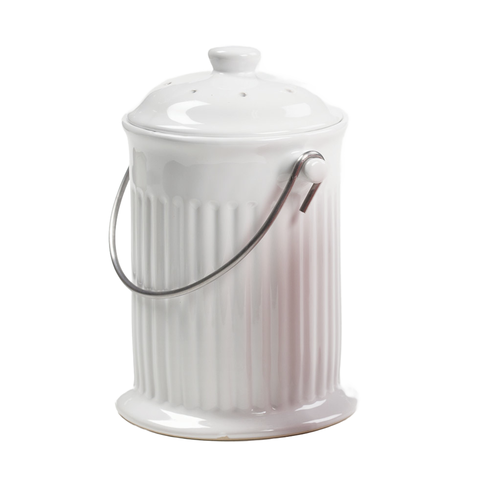 Handcrafted white ceramic compost keeper with a gleaming finish and sturdy stainless steel handle, featuring built-in odor control, perfect for Farm, Garden & Tool, Composting, and Garden Accessories collections.