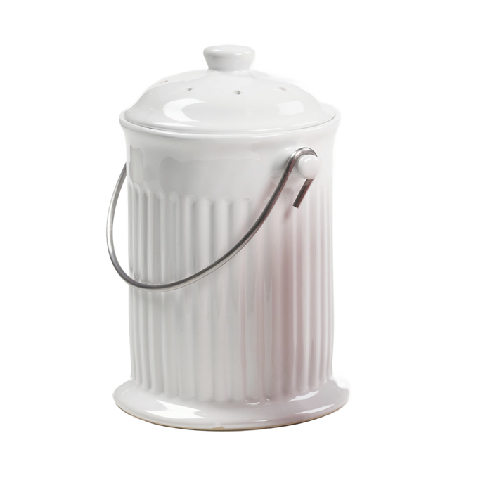 Handcrafted white ceramic compost keeper with a gleaming finish and sturdy stainless steel handle, featuring built-in odor control, perfect for Farm, Garden & Tool, Composting, and Garden Accessories collections.