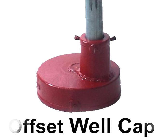Red metal offset well cap designed to fit securely over pump shaft openings for water pumps, crafted with durable materials and made in USA for reliable deep well use.