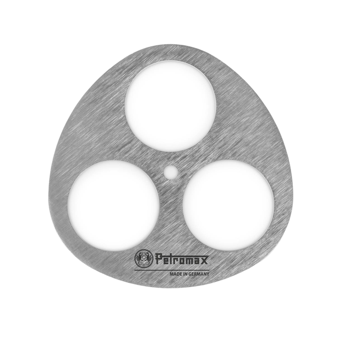 Lightweight stainless steel lashing disc with three large openings and engraved logo, designed for creating branch cooking tripods, ideal for Farm, Garden & Tool, Camping, Best Sellers, and Promo Eligible collections.