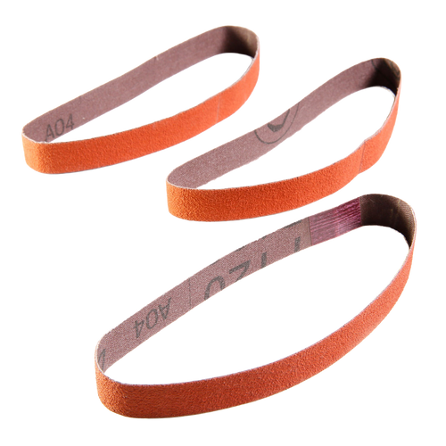 Set of three replacement abrasive belts in reddish-brown color designed for use with Work Sharp Combo knife sharpeners, suitable for Farm, Garden & Tool and Kitchen & Food collections.