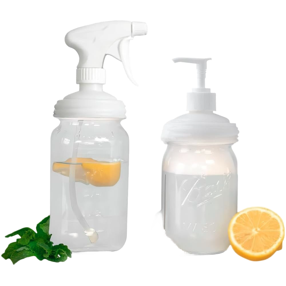 Set of two reusable white lids—a sprayer and a pump—fitting regular-mouth jars for eco-friendly dispensing, featured in Home & Decor, Household Helpers, USA Made, and Best Sellers collections.
