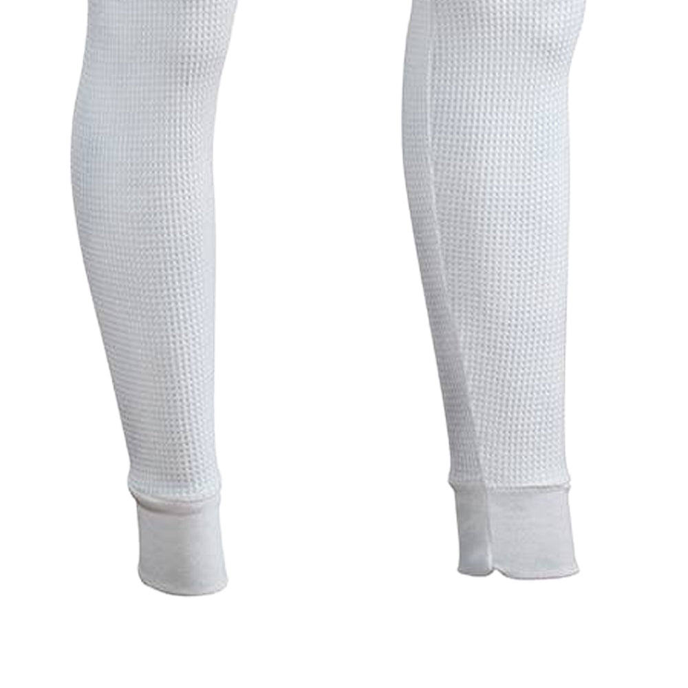 Handcrafted women's thermal pants in a cotton-rich circular waffle knit with fitted ankle cuffs, designed to retain warmth and comfort, featured in Health & Wellness and Clothing collections.