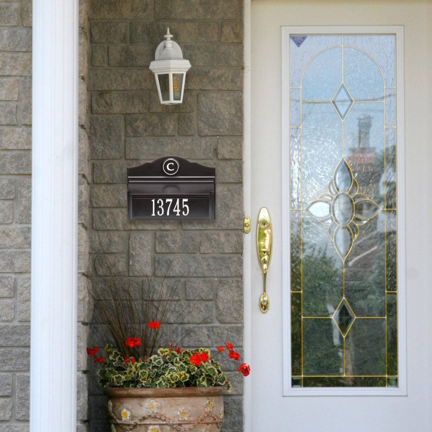 Handcrafted bronze and gold wall-mounted mailbox with personalized house number and monogram, made in USA, enhancing curb appeal, ideal for Home & Decor, Mailboxes and Address Signs, and USA Made collections.