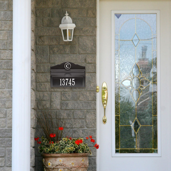 Handcrafted bronze and gold wall-mounted mailbox with personalized house number and monogram, made in USA, enhancing curb appeal, ideal for Home & Decor, Mailboxes and Address Signs, and USA Made collections.
