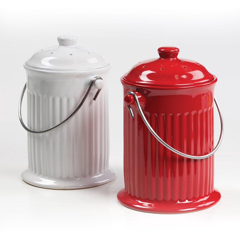 Pair of ceramic compost containers with gleaming finishes and stainless steel handles, featuring odor-preventing filters, ideal for Farm, Garden & Tool, Composting, and Best Sellers collections.