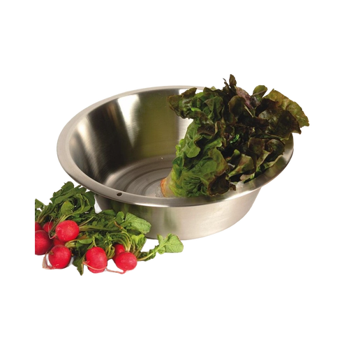 Deep stainless steel basin filled partially with fresh leafy greens, surrounded by vibrant radishes, perfect for Household Cleaning, Home & Decor, and Cleaning Utensils collections.