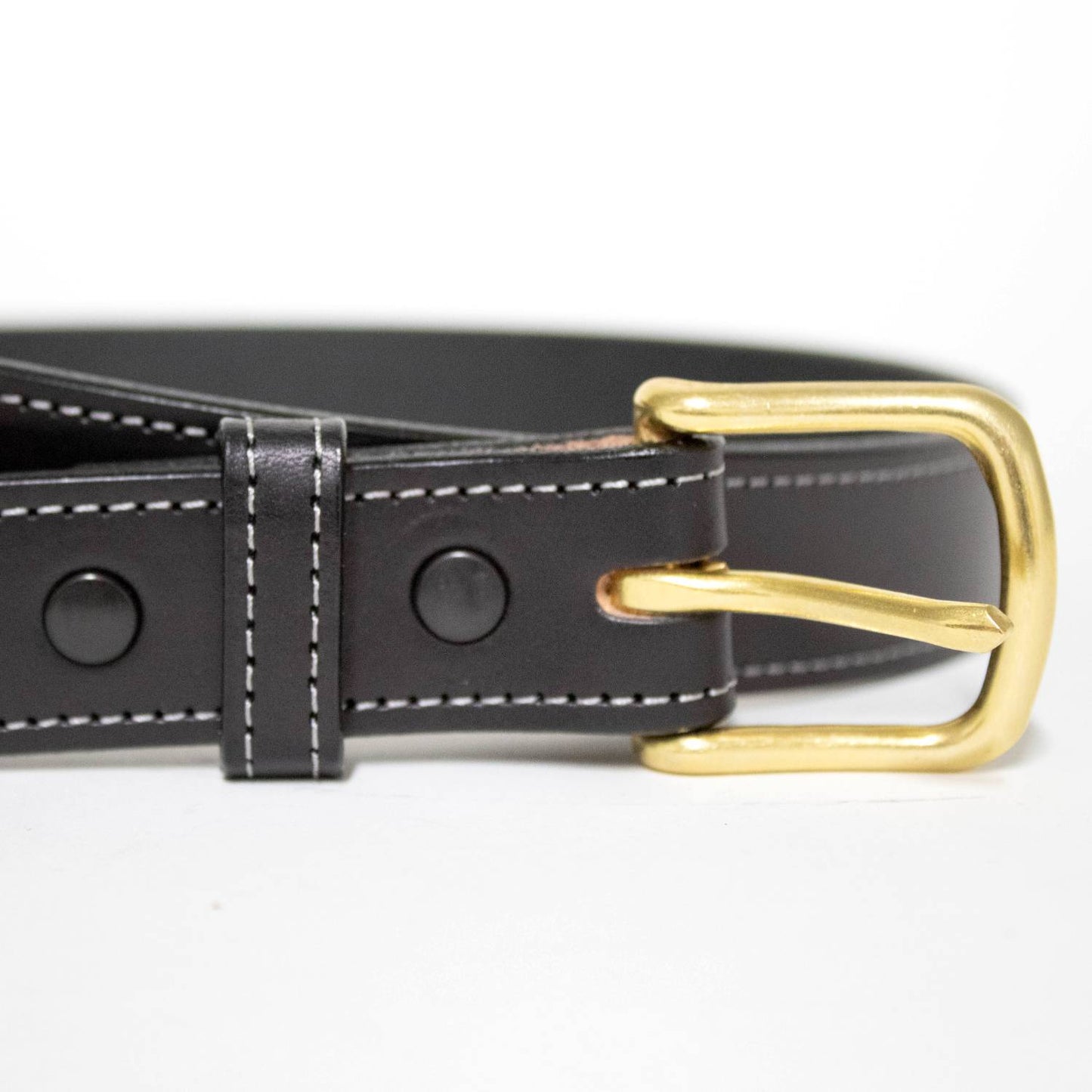 Handcrafted black genuine leather dress belt with precise white stitching and a polished brass buckle, Amish made in USA, featured in Clothing and Accessories, USA Made, Amish Made, Best Sellers, Promo Eligible collections.