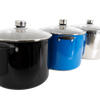 Three durable 21.5-quart water bath canners in black, blue, and stainless steel with glass lids and black handles, ideal for Kitchen & Food, Food Preservation, and Canning collections.