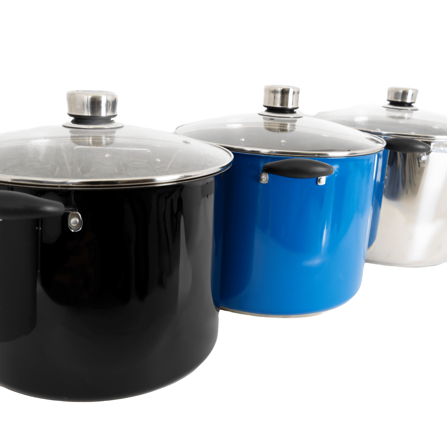 Three durable 21.5-quart water bath canners in black, blue, and stainless steel with glass lids and black handles, ideal for Kitchen & Food, Food Preservation, and Canning collections.