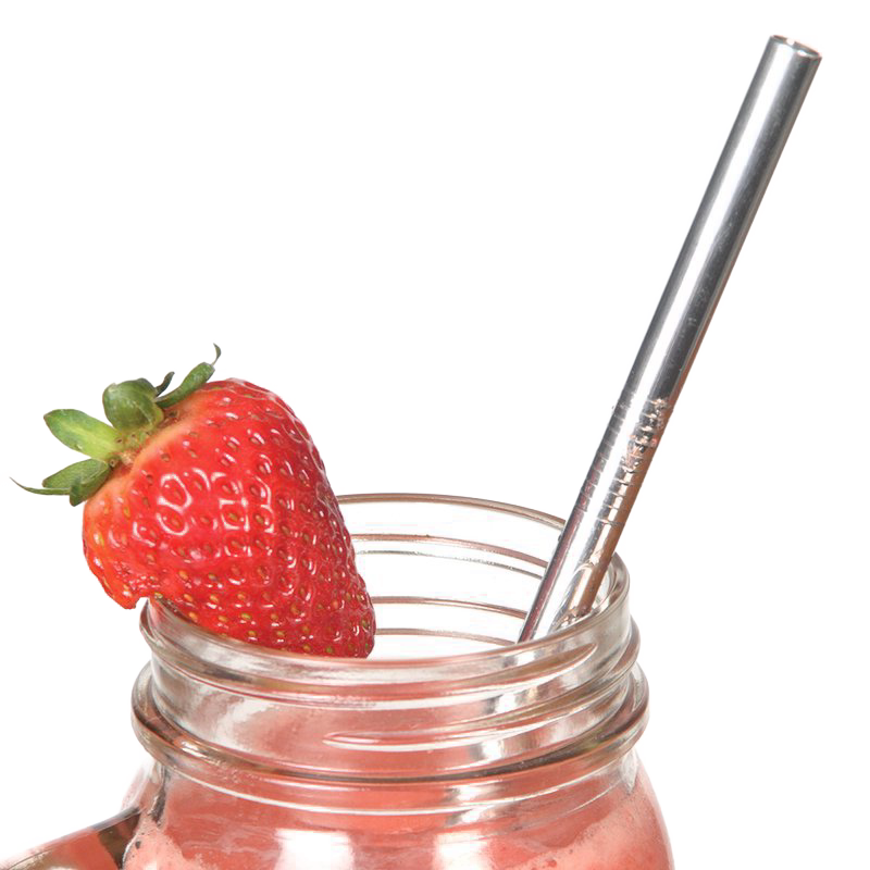 Polished stainless steel reusable straw set in a jar topped with a fresh strawberry, perfect for Kitchen & Food, Dinnerware, Kitchen Gadgets, Kitchen Accessories, Best Sellers, and Promo Eligible collections.