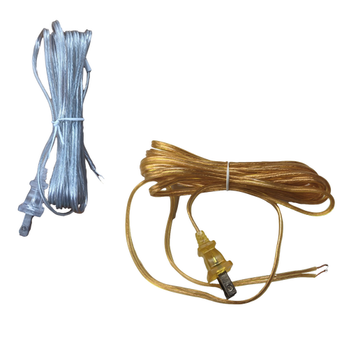 Two neatly coiled clear and amber electric cords with connectors designed for lamp and lighting electric conversion, suited for emergency supplies and parts collections.
