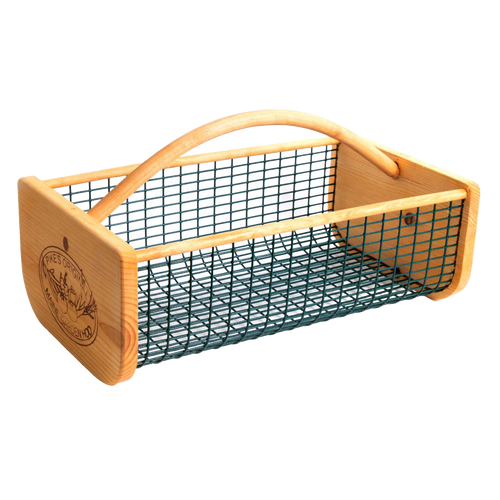 Handcrafted garden hod with wooden ends and green wire mesh sides, featuring smooth curved handle and engraved logo, designed for washing and carrying harvests, part of Farm, Garden & Tool, USA Made, and Best Sellers collections.
