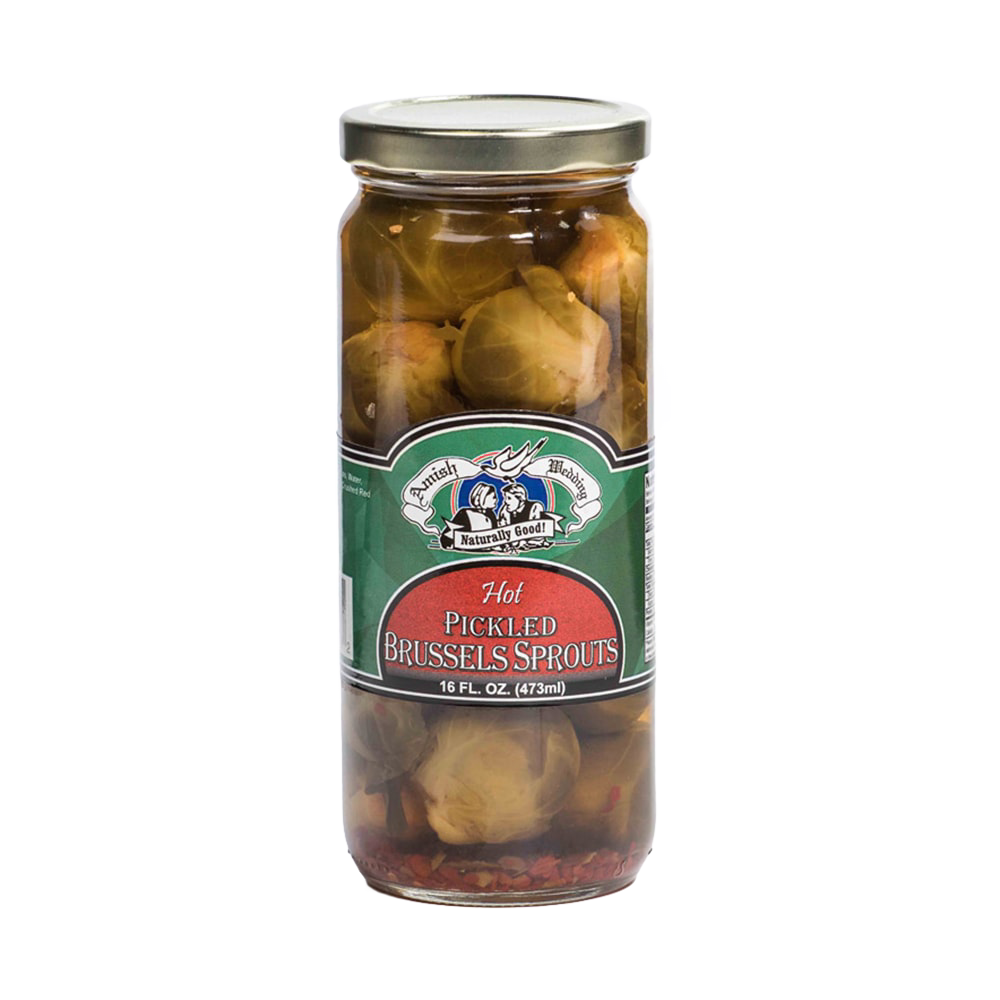 Glass jar filled with spicy pickled Brussels sprouts in tangy brine, featuring a metal lid and label highlighting handcrafted quality, perfect for Kitchen & Food, Food, Pantry, USA Made, Best Sellers, and Promo Eligible collections.