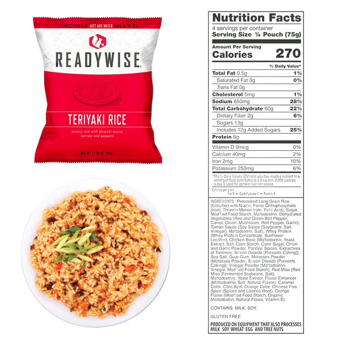 Packaged ReadyWise teriyaki rice with savory sauce, carrots, and peppers, alongside a serving of the cooked dish on a white plate and its detailed nutrition facts label, part of emergency supplies and freeze dried food collections.
