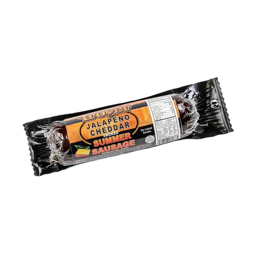 Handcrafted smoked summer sausage featuring a spicy jalapeno cheddar blend, vacuum-sealed for freshness and ideal for Kitchen & Food, Snacks and Sweets, Pantry, Meats, USA Made, and Best Sellers collections.