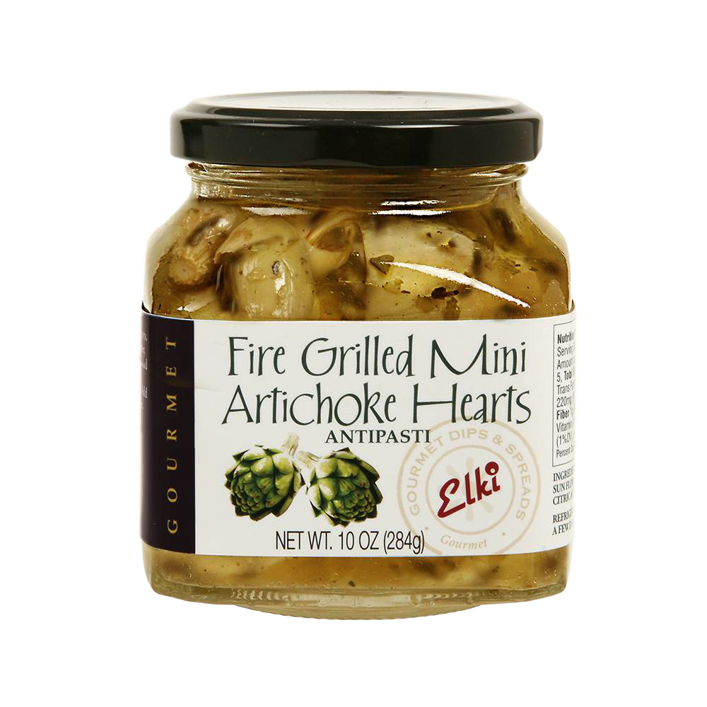 Glass jar of fire-grilled mini artichoke hearts antipasti with herbs, perfect for Kitchen & Food, Pantry, Best Sellers, and Promo Eligible collections, handcrafted for rich flavor.