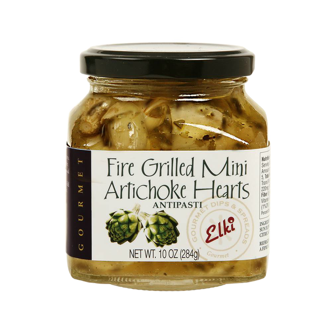 Glass jar of fire-grilled mini artichoke hearts antipasti with herbs, perfect for Kitchen & Food, Pantry, Best Sellers, and Promo Eligible collections, handcrafted for rich flavor.