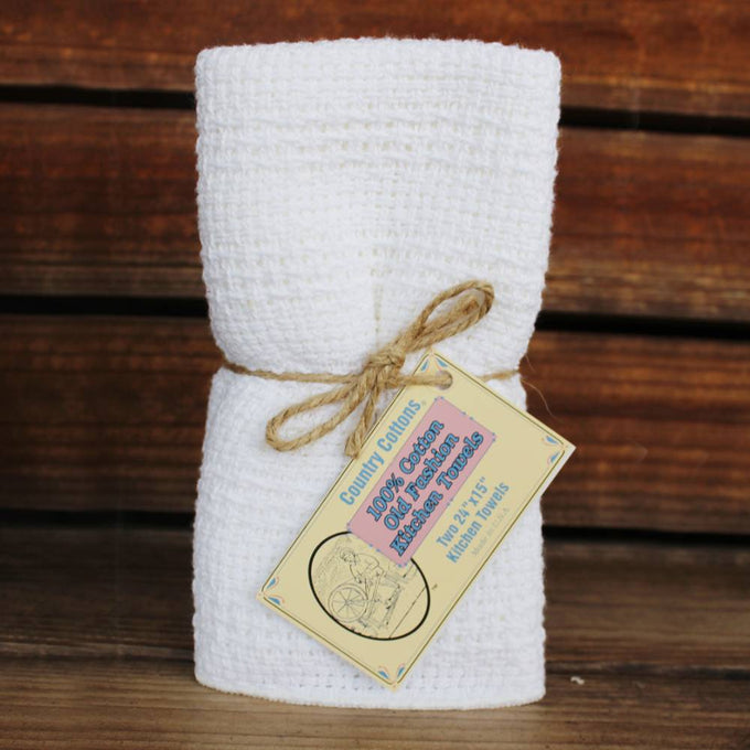 Set of two loosely woven white cotton kitchen towels with textured weave, featuring a tied rustic twine bow and vintage-style label, part of Kitchen & Food and USA Made collections.